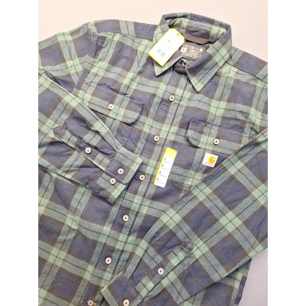 New Carhartt Heavyweight Flannel Loose Fit Plaid Shirt Green Blue Mens Small NWT